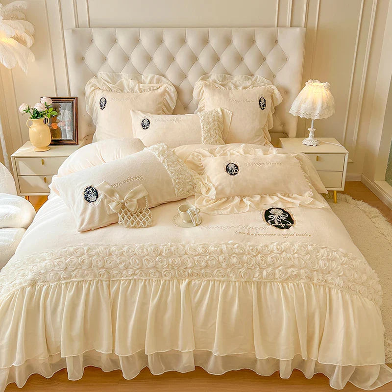 Afralia™ Pink French Rose Velvet Bedding Set with Lace Ruffles & Flowers Embroidery