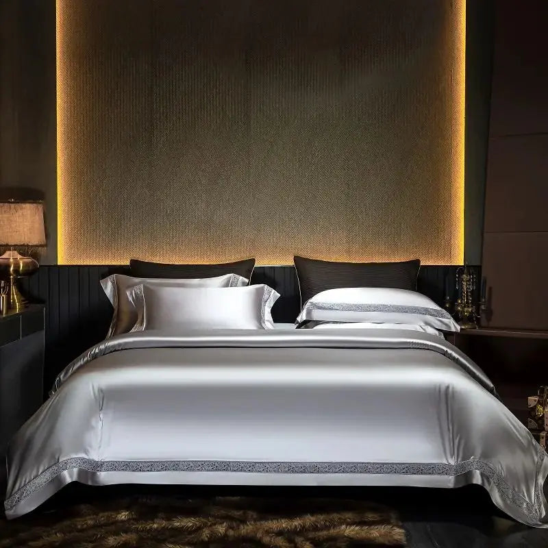 Afralia™ Luxe Silk Cotton Hollow Wide Edge Bedding Set: Duvet Cover, Flat/Fitted Sheet, Pillowcases