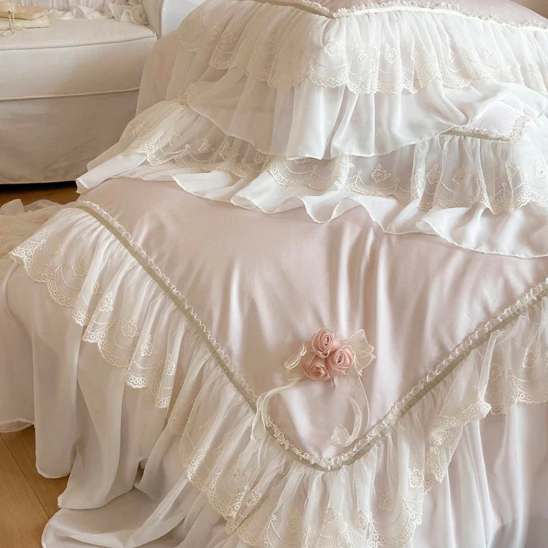 Afralia™ Luxe Pink Lace Ruffles Wedding Bedding Set 4Pcs