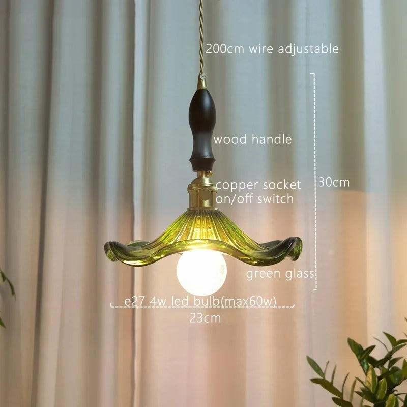 Afralia™ Japanese Style Green Glass LED Pendant Chandelier for Home Decor