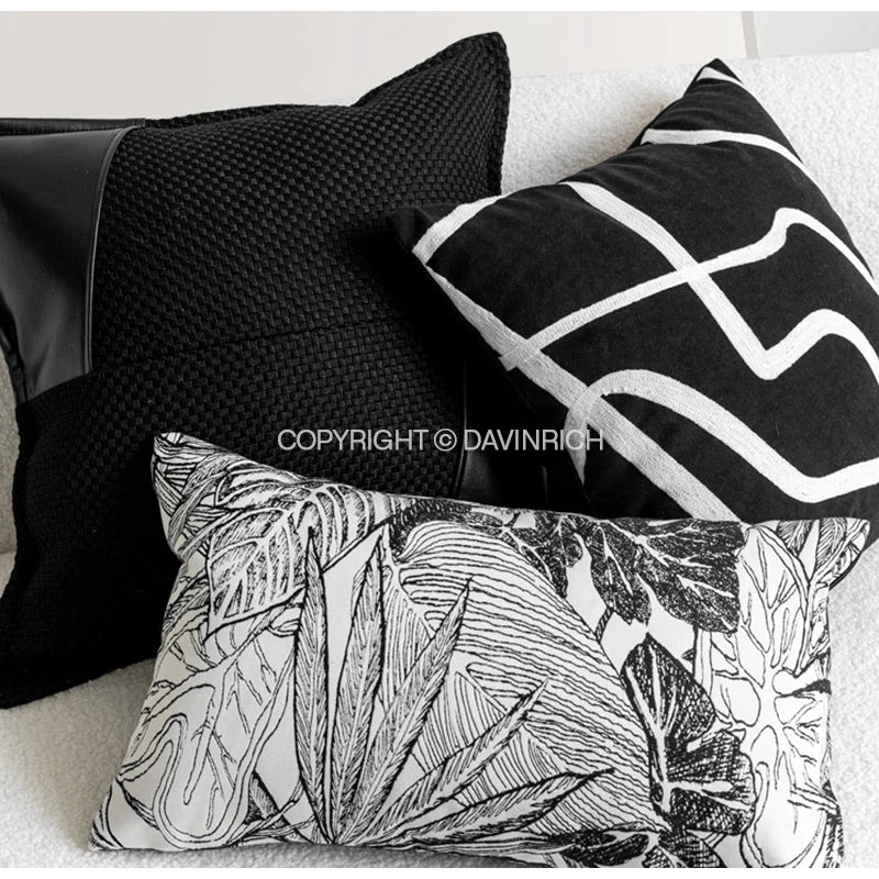 Afralia™ Luxury Leather Patchwork Throw Pillow Cover in Obsidian Black