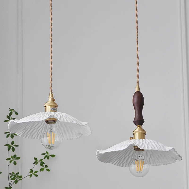 Afralia™ Walnut Wood LED Pendant Light with White Ceramic Knob Switch