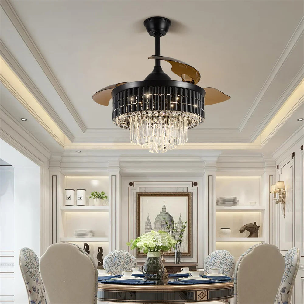 Afralia™ Crystal Fandelier Ceiling Fan with Retractable Chandelier & Invisible Blades