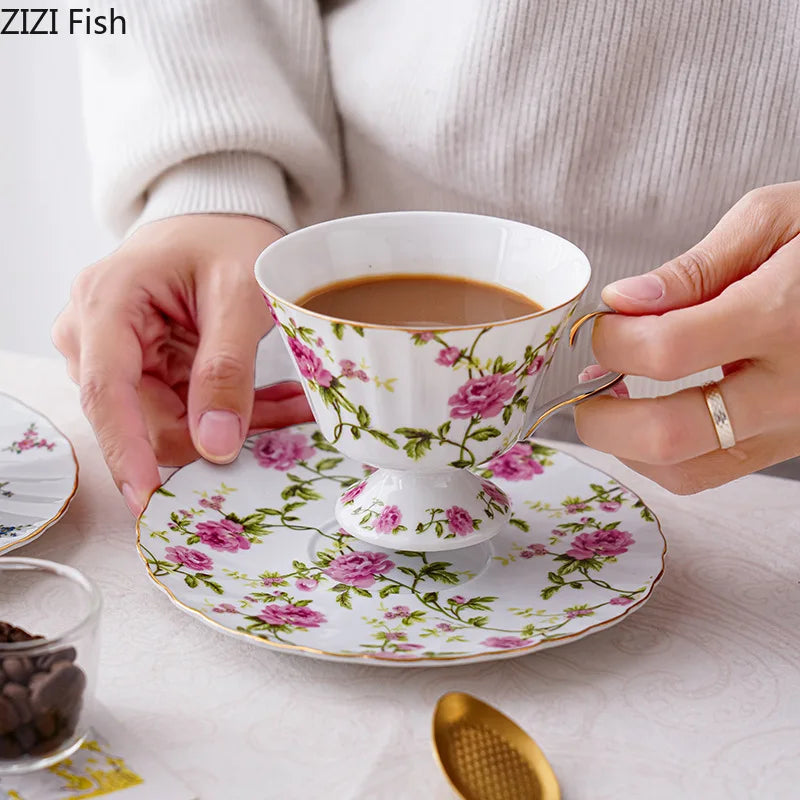 Afralia™ Floral Ceramic Cup & Saucer Set, Elegant Tea & Coffee Mug