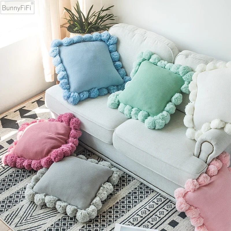 Afralia™ Pompom Knit Cushion Cover Set- Grey, Pink, Green- 45*45cm