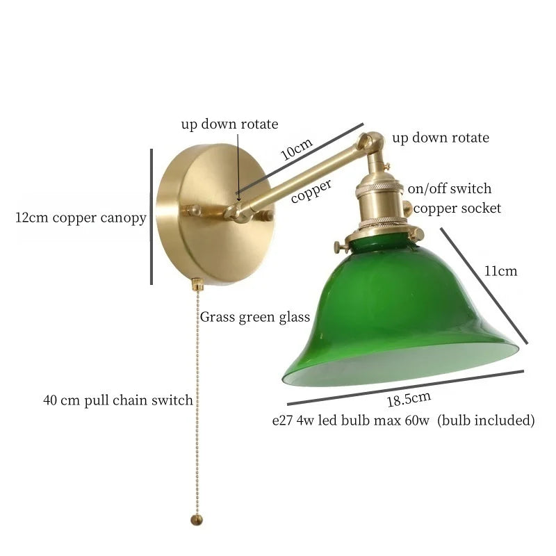 Afralia™ Green Glass LED Wall Sconce, Pull Chain Switch, for Bedside, Bathroom, Living Room