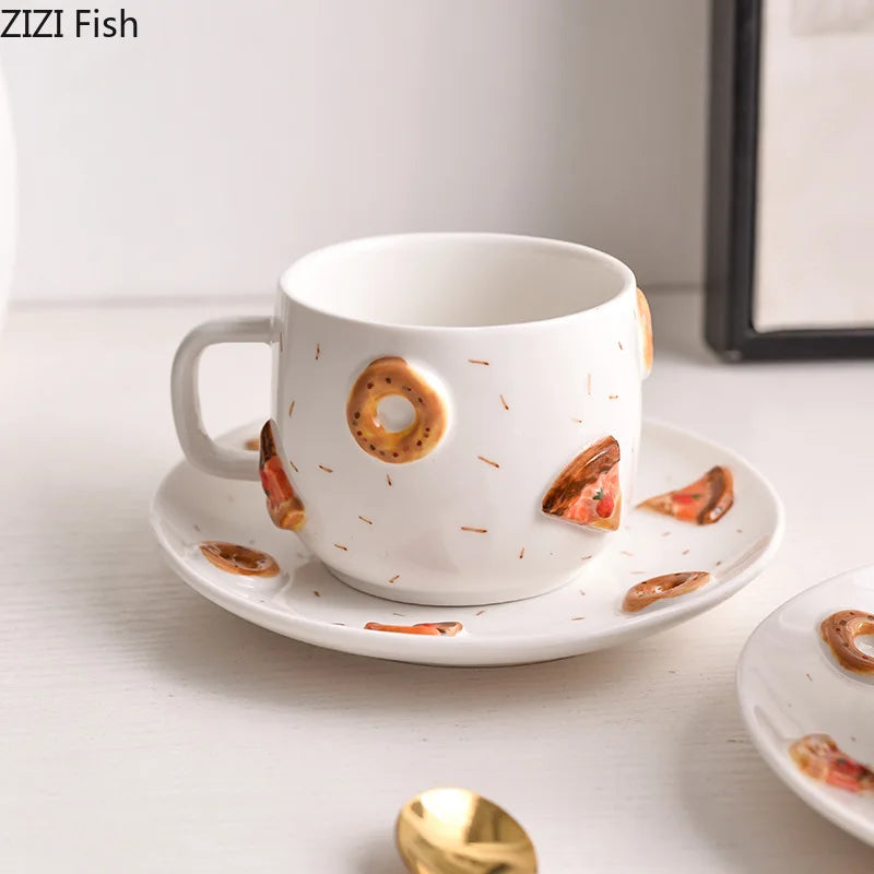 Afralia™ Pizza Donut Relief Ceramic Cup & Saucer Set for Dining Table Coffee Tea Milk Juice.
