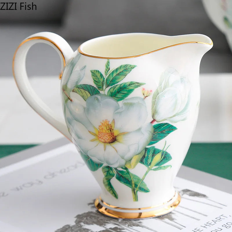 Afralia™ Green Flowers Ceramic Cup & Saucer Set for Coffee, Tea, Juice, and More