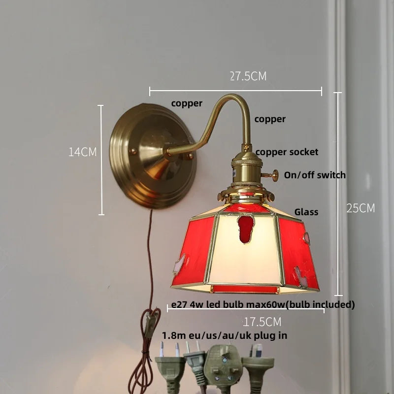 Afralia™ Green Glass LED Wall Sconce Copper Knob Switch Vintage Loft Stair Light