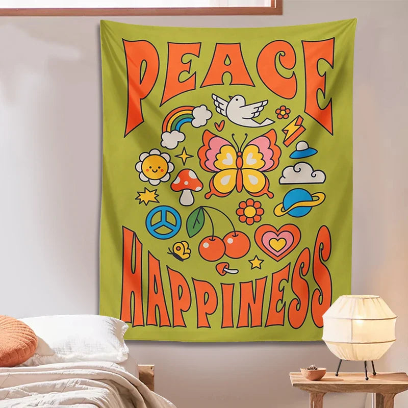 Afralia™ Hippie Trippy Tapestry: Flower Peace Happiness Butterfly Rainbow Sun Wall Decor