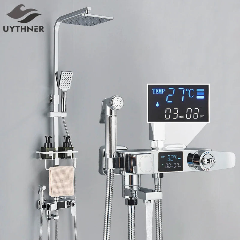 Afralia™ Thermo Digital Display Shower Faucet Set with Rain Shower and Bidet Spout