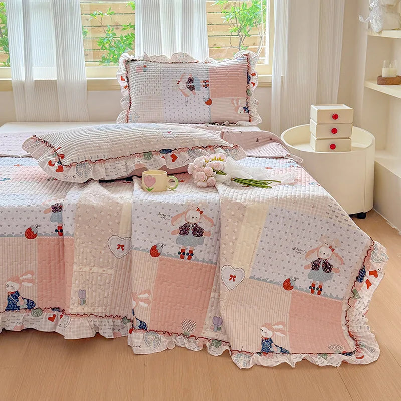 Afralia™ Princess Quilted Bed Cover: Korean Washed Cotton, Single, Lace Detail, Skin-Friendly Fabrics