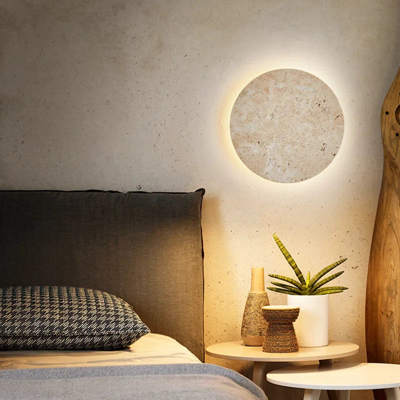 Afralia™ Round Natural Stone Art LED Wall Lamp for Bedroom Decor