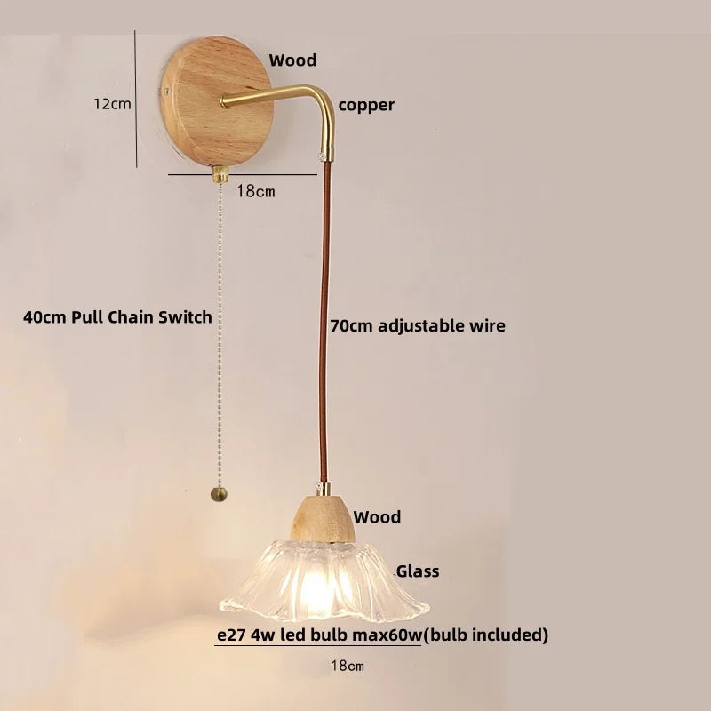Afralia™ Clear Glass LED Wall Lights with Wood Pull Chain Switch - Modern Copper Stair Light