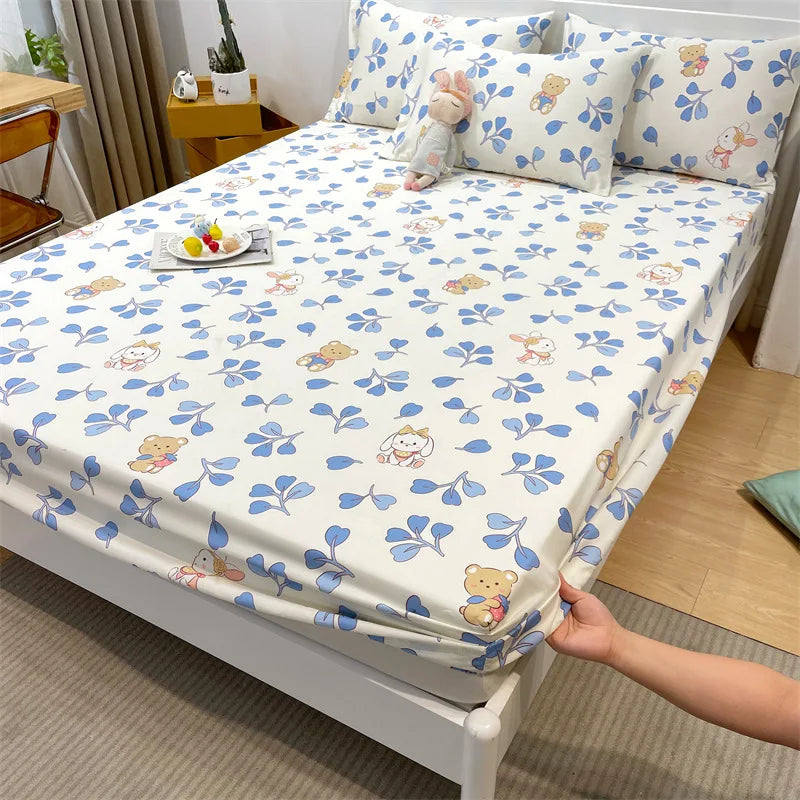 Afralia™ Fashion Flowers Print Cotton Fitted Sheet Single Piece Queen Size, Soft Pink Bed Linen