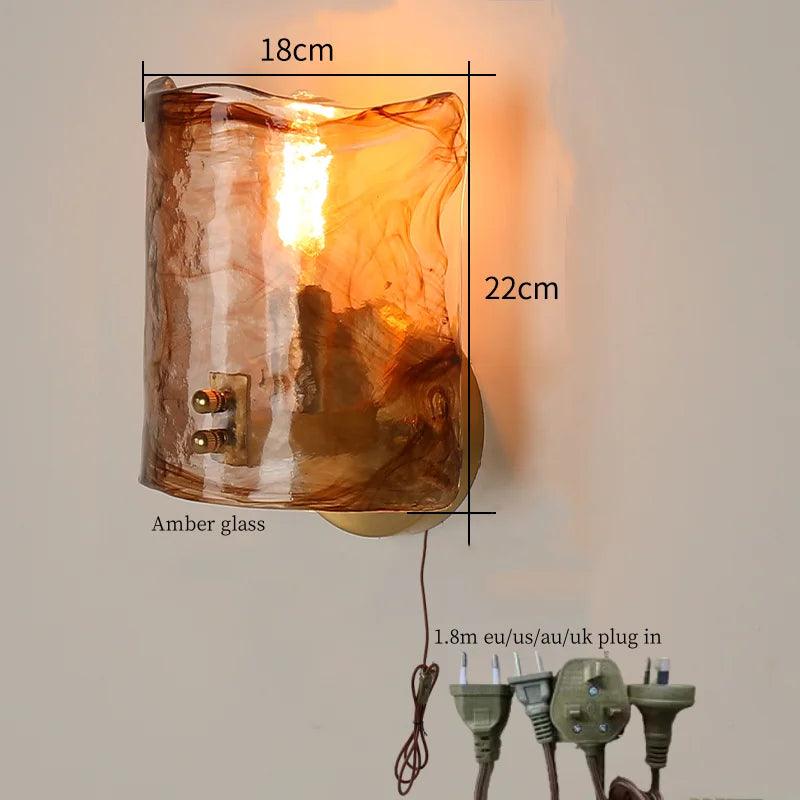 Afralia™ Japanese Amber Glass LED Wall Lamp Copper Vintage Design