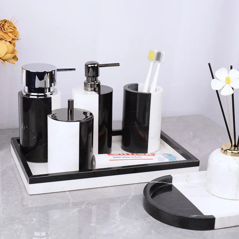 Afralia™ Marble Bathroom Set: Soap Dispenser, Toothbrush Holder, Soap Dish, Cotton Swab Holder