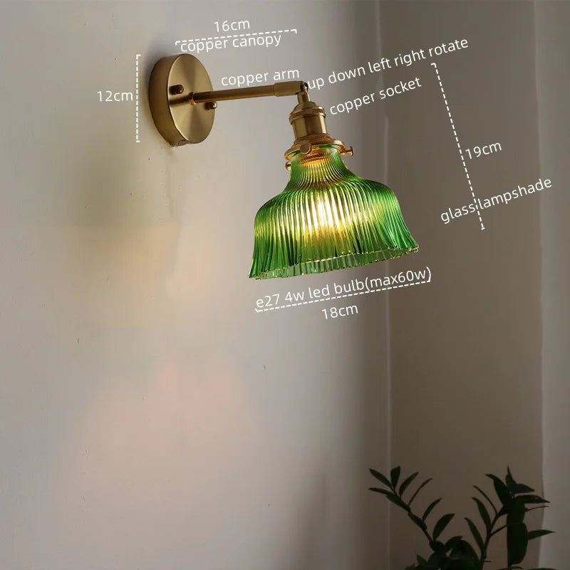 Afralia™ Retro Copper Glass LED Wall Lamp with Pull Chain Switch for Living Room