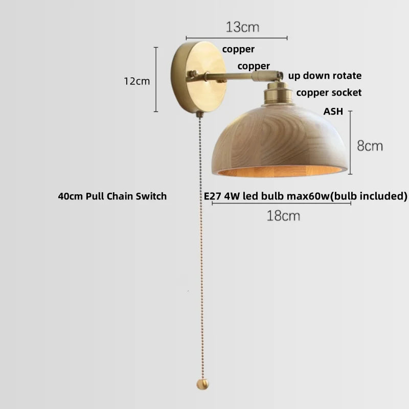 Afralia™ Copper Socket LED Wall Lights Pull Chain Switch Nordic Modern Rotate Bedside Lamp