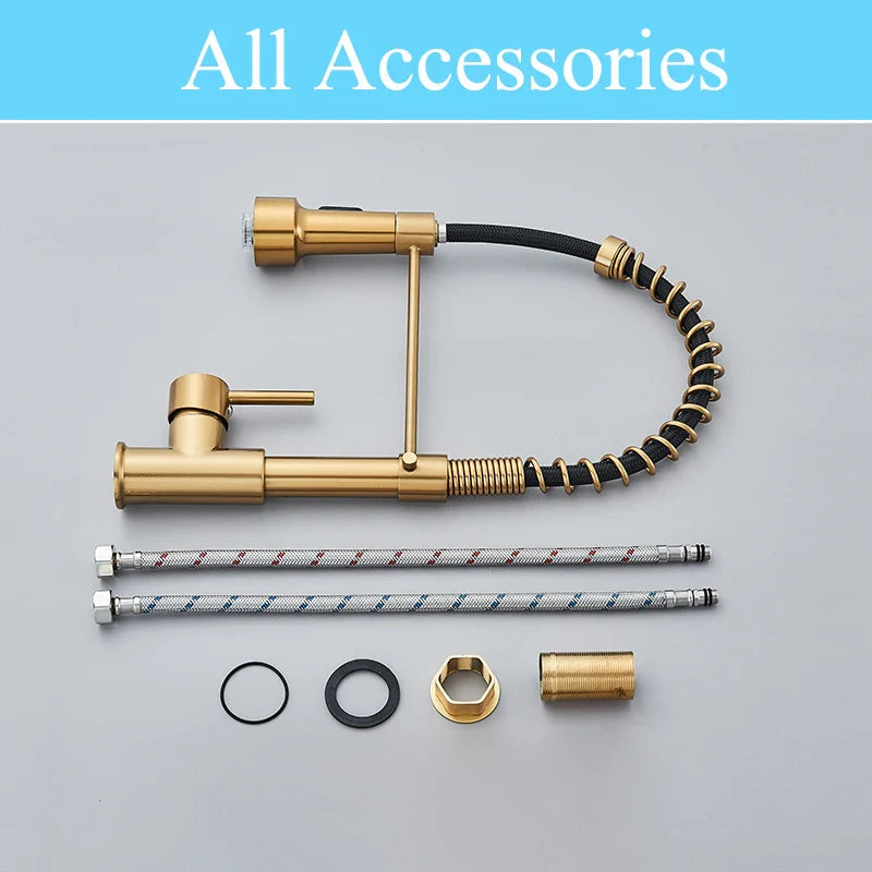 Afralia™ Brushed Gold LED Kitchen Faucet: Single Handle Pull-down Spring Sink Tap