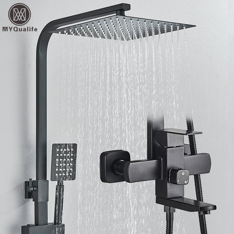 Afralia™ Matte Black Rainfall Shower Faucet Set with 8 Inch High Pressure Showerhead