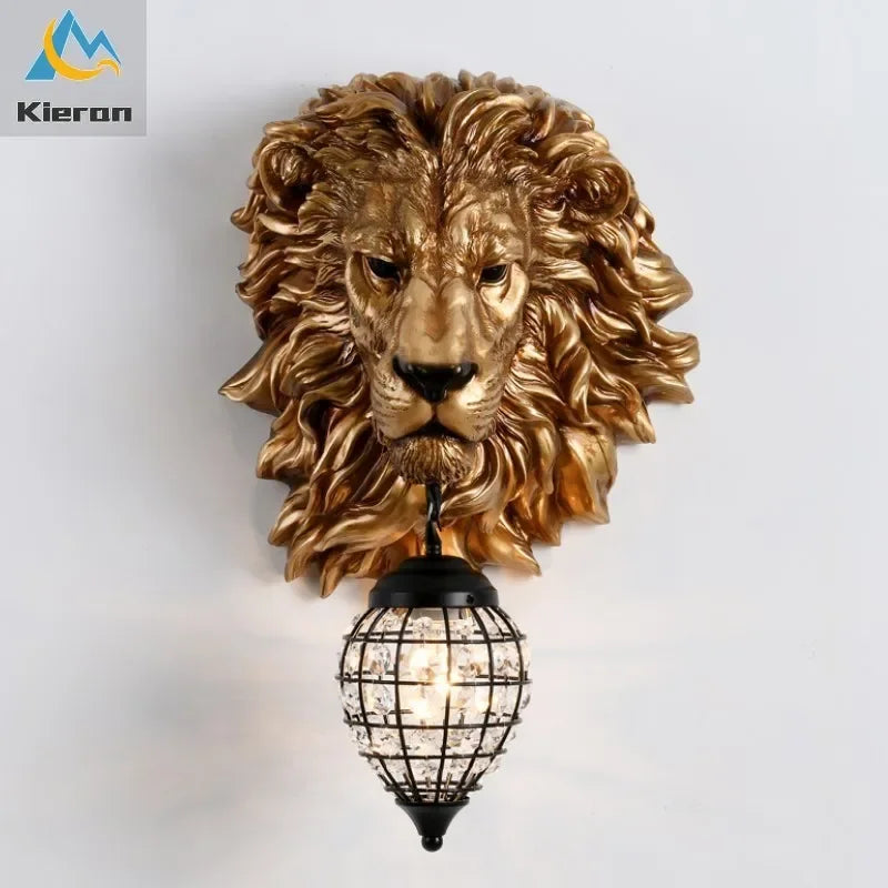 Afralia™ Lion Head Crystal Led Wall Lamp for Bedroom, Ktv, Living Room, Resin Wall Light