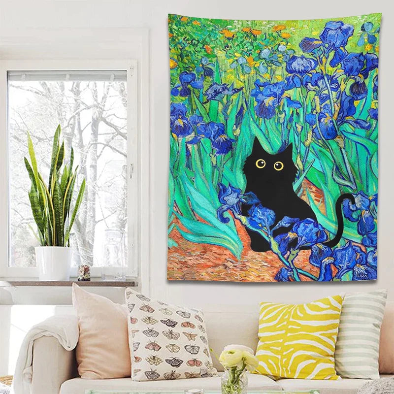 Afralia™ Irises Cat Tapestry: Van Gogh Inspired Black Cat Art & Floral Print