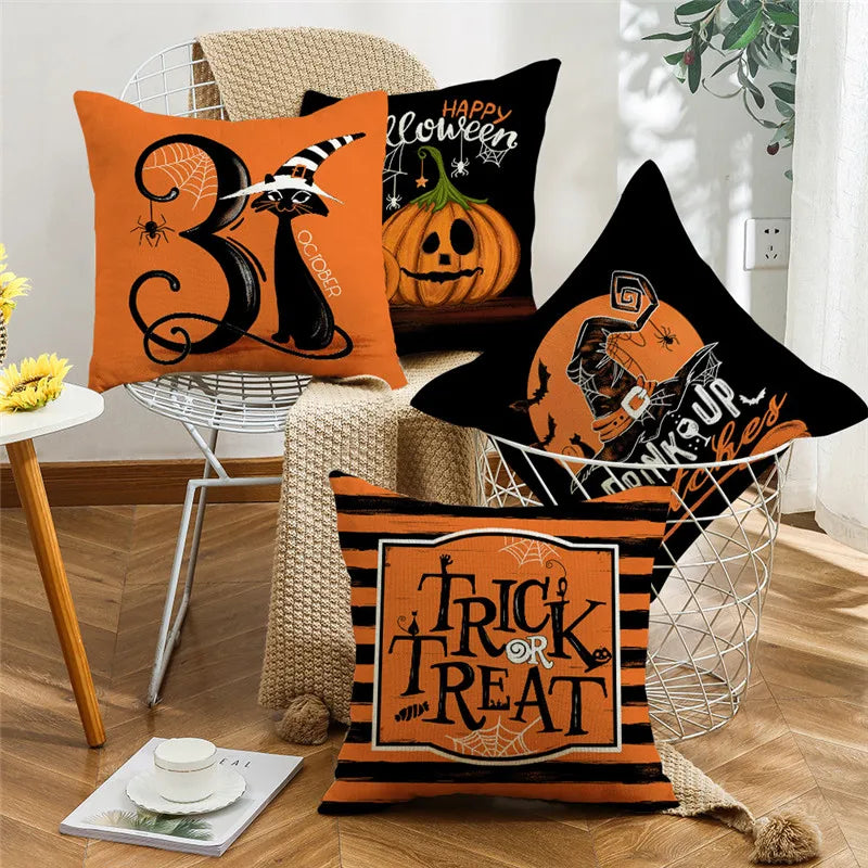 Afralia™ Halloween Pillowcase Set - Festive Sofa Cushion Covers with Pumpkin Cat Witch Hat Print.