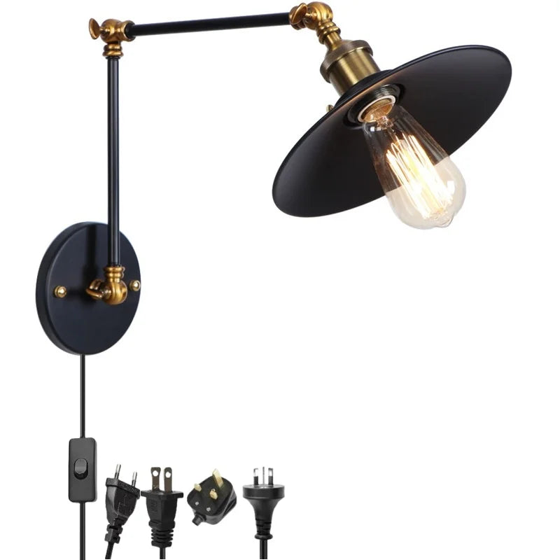 Afralia™ Black Iron LED Wall Light Fixture Industrial Vintage Adjustable Long Arm
