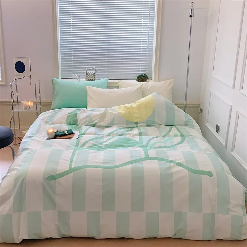 Afralia™ Large Flowers Print Cotton Satin Full Size Comforter Bedding Set