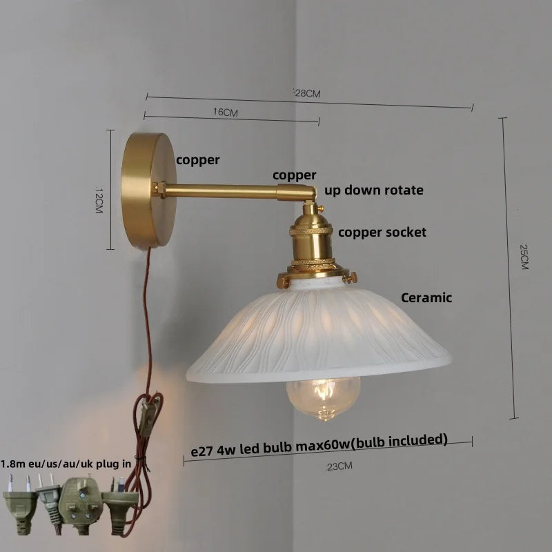 Afralia™ Ceramic Brass LED Wall Light Pull Chain Switch Modern Nordic Design