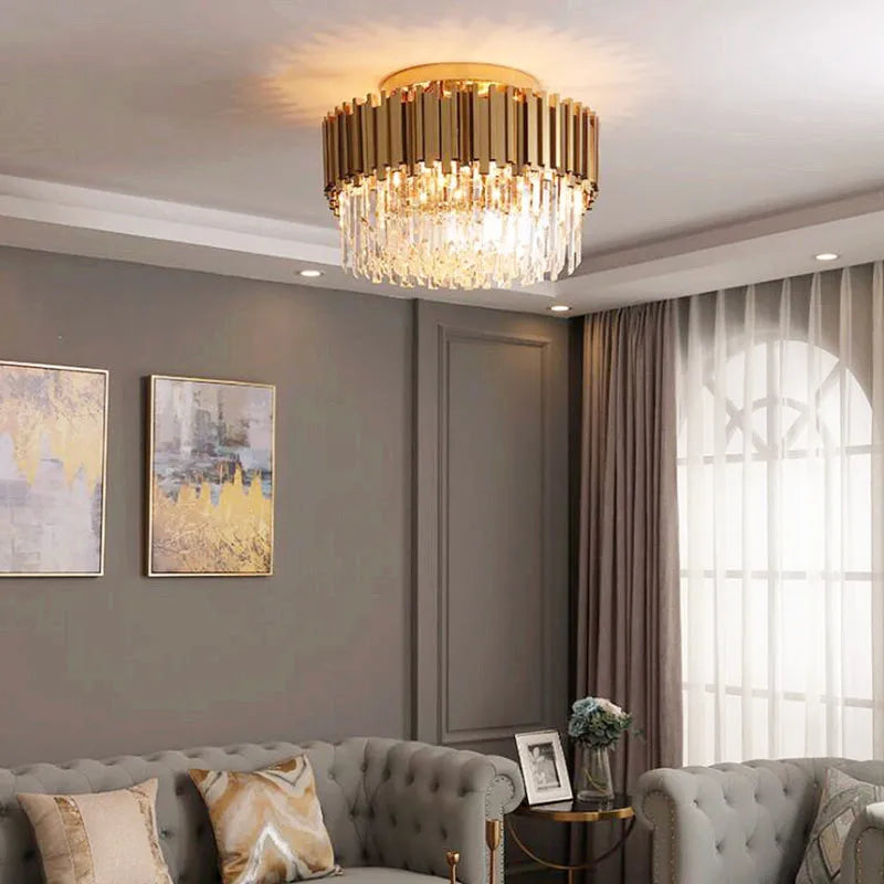 Afralia™ Gold Crystal Ceiling Lamp: Modern LED Lighting Fixtures for Luxurious Living Rooms.