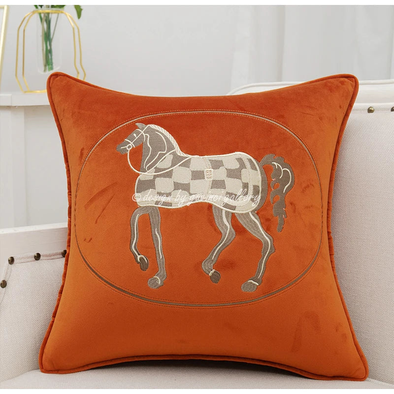 Afralia™ Velvet Horse Embroidered Lumbar Pillow Cover 30x50cm for Living Room