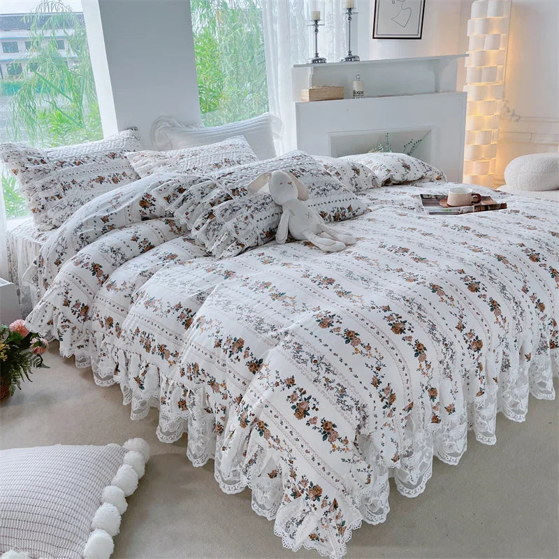 Afralia™ French Floral Print Bedding Set: Duvet Cover, Lace Ruffles, Quilted Embroidery, Pillowcases