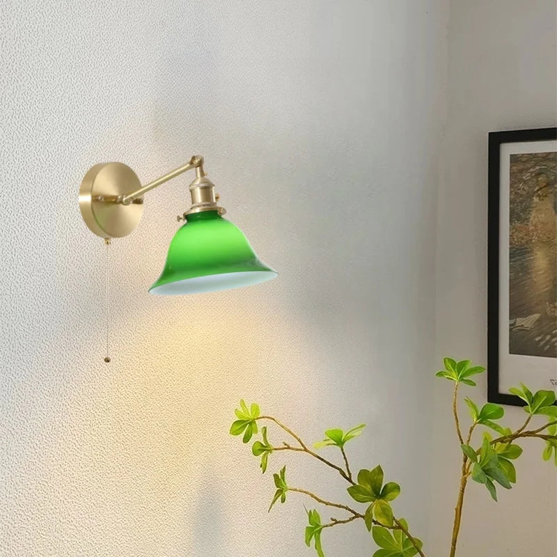 Afralia™ Green Glass LED Wall Sconce, Pull Chain Switch, for Bedside, Bathroom, Living Room