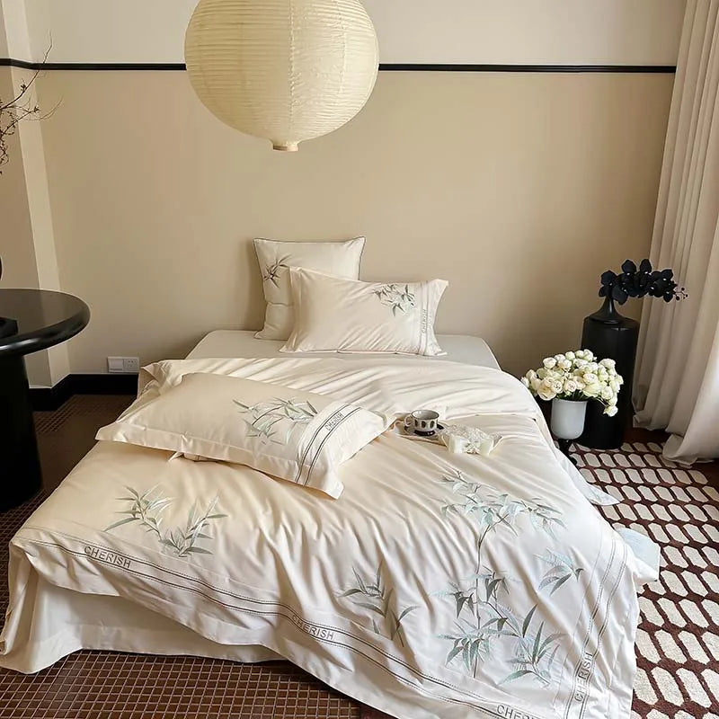 Afralia™ Bamboo Embroidery 1000TC Egyptian Cotton Bedding Set in Luxury Dark Blue
