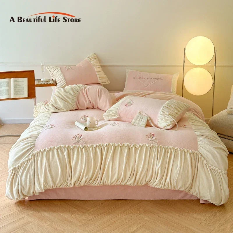 Afralia™ Fleece Embroidered Floral Velvet Bedding Set with Plush Patchwork in Pink