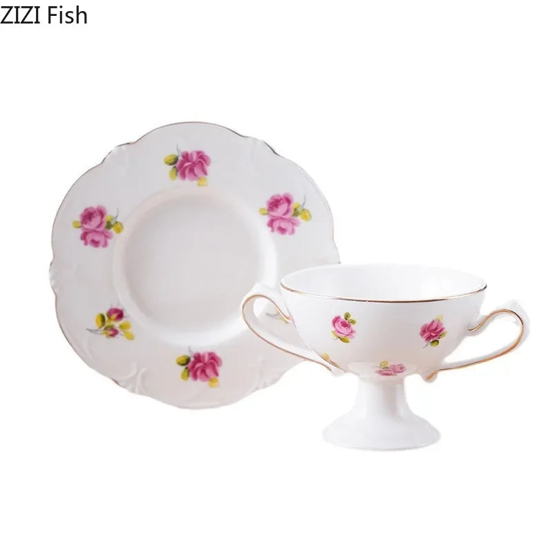 Afralia™ Gold Flower Porcelain Goblet Cup Tea Coffee Mug Juice Cup