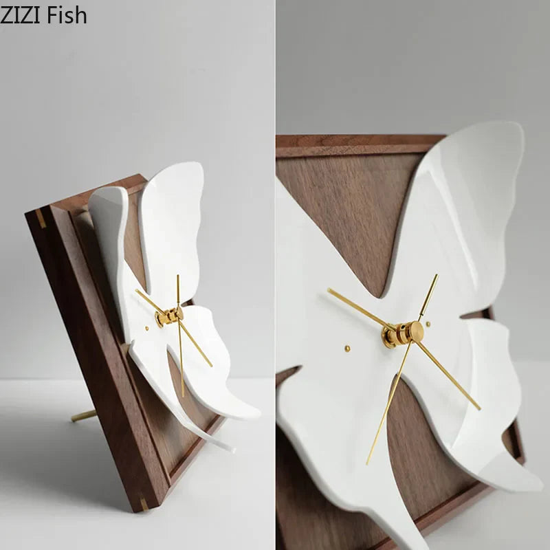 Afralia™ White Butterfly Table Clock - Silent Sweep Needle, Wood Frame Wall-mounted Timepiece