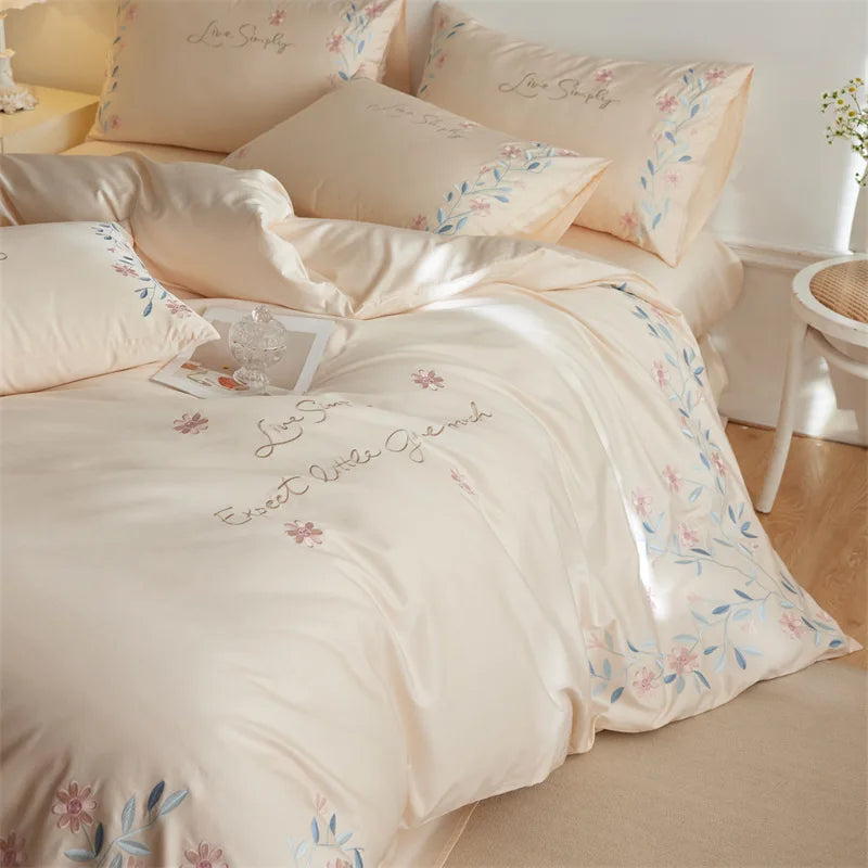 Afralia™ Luxury 100S Long Staple Cotton Embroidery Bedding Set, Ultra Soft Solid Duvet Cover, Double King Size