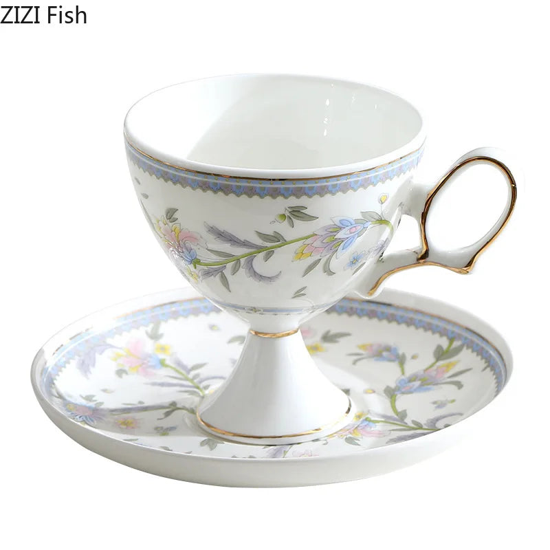 Afralia™ Gold Flower Ceramic Cup & Saucer Set - Elegant Goblet Mugs for Coffee, Tea, Juice