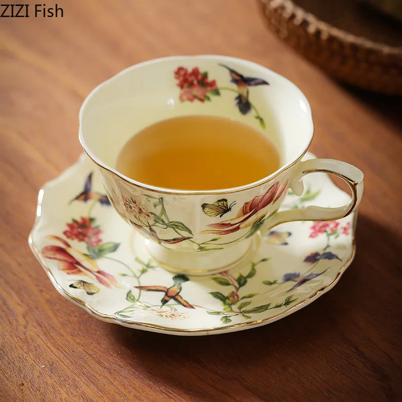 Afralia™ Ceramic Floral Bird Cup & Saucer Set for Dining Table and Coffee - 18 Word Limit