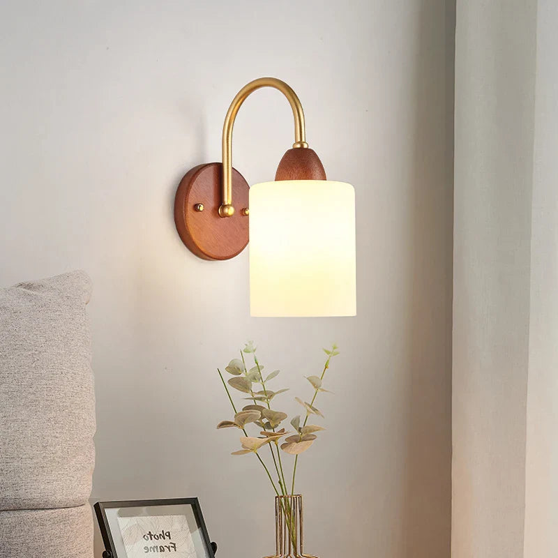 Afralia™ Wood Glass LED Wall Light Modern Bedside Lamp for Living Room & Bedroom