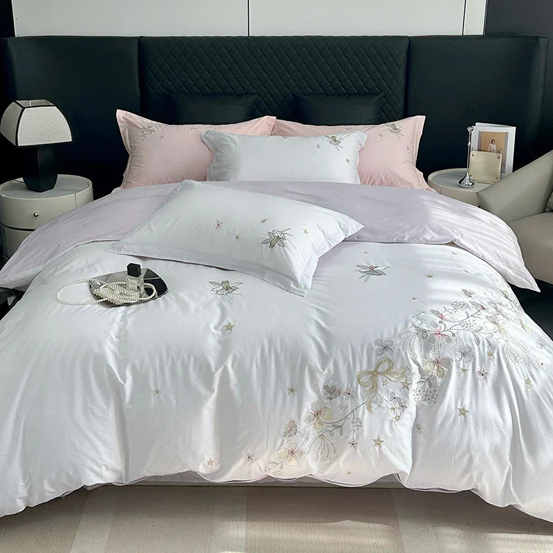 Afralia™ Princess Flower Bow Angel Embroidery Bedding Set