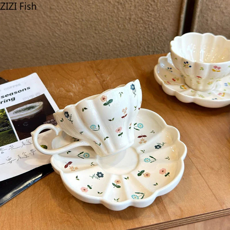 Afralia™ Floral Texture Porcelain Coffee Cup & Saucer Set for Home Dining Table
