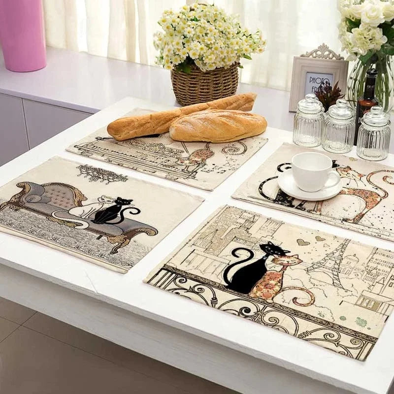 Afralia™ Black Cat Linen Placemat Set for Dining Table & Kitchen Decor