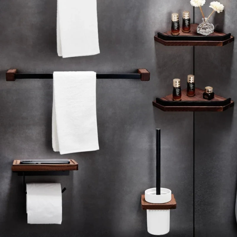 Afralia™ Black Walnut Bathroom Set: Towel Rack, Bar, Shelf, Toilet Paper Holder, Brush Stand