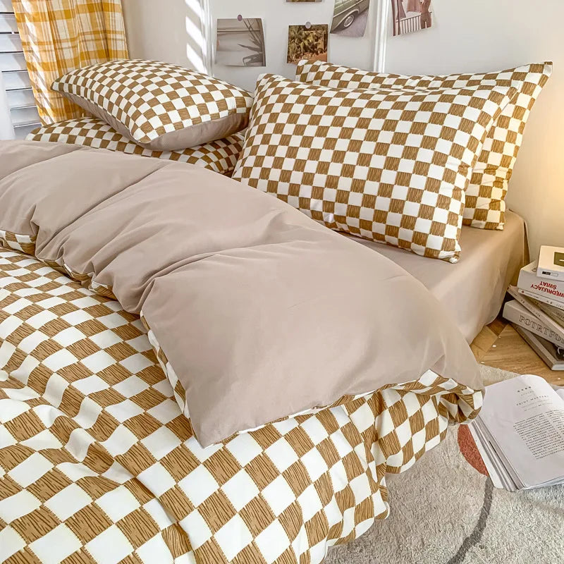 Afralia™ Nordic Checkerboard Pattern Washed Cotton Bedding Set for All-Season Comfort