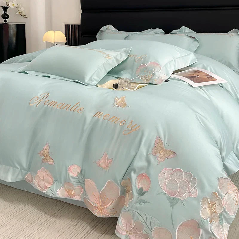Afralia™ Embroidered Flowers Butterfly Bedding Set - 4Pcs