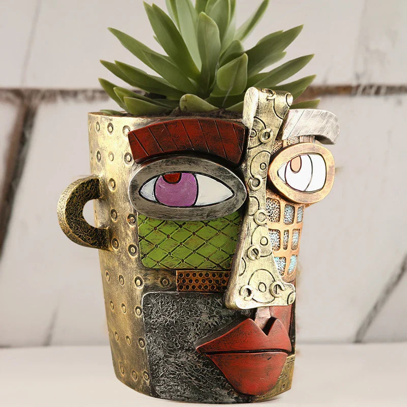 Afralia™ Retro Abstract Art Flower Pot Resin Ornament Vase Planter Container